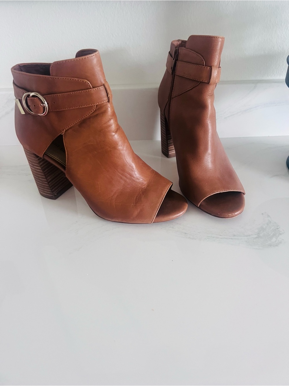 Gianni Bini Brown Open-Toe Stacked Block Heel Ankle Boots
